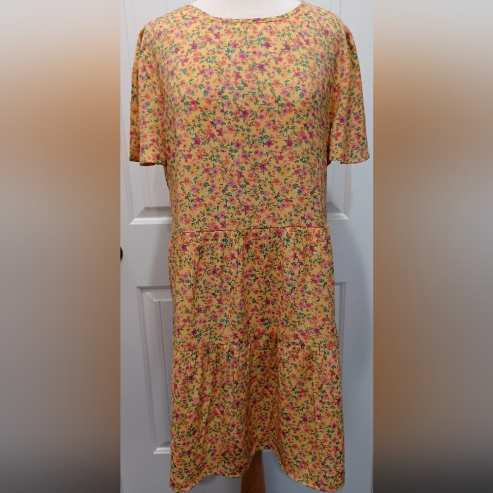 Time & Tru Calico Yellow Floral  Dress Summer/fall SZ XL 16-18 #0036
